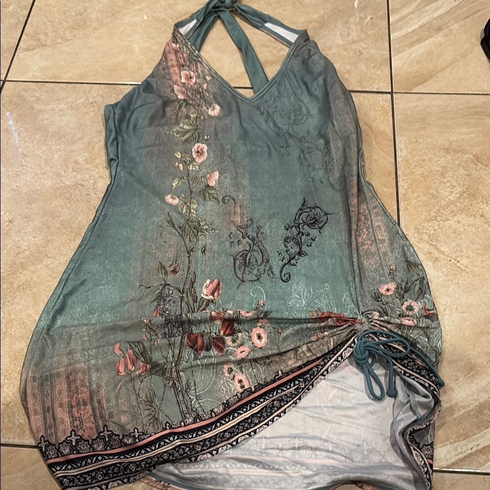 Floral Halter Dress in Teal and Pink